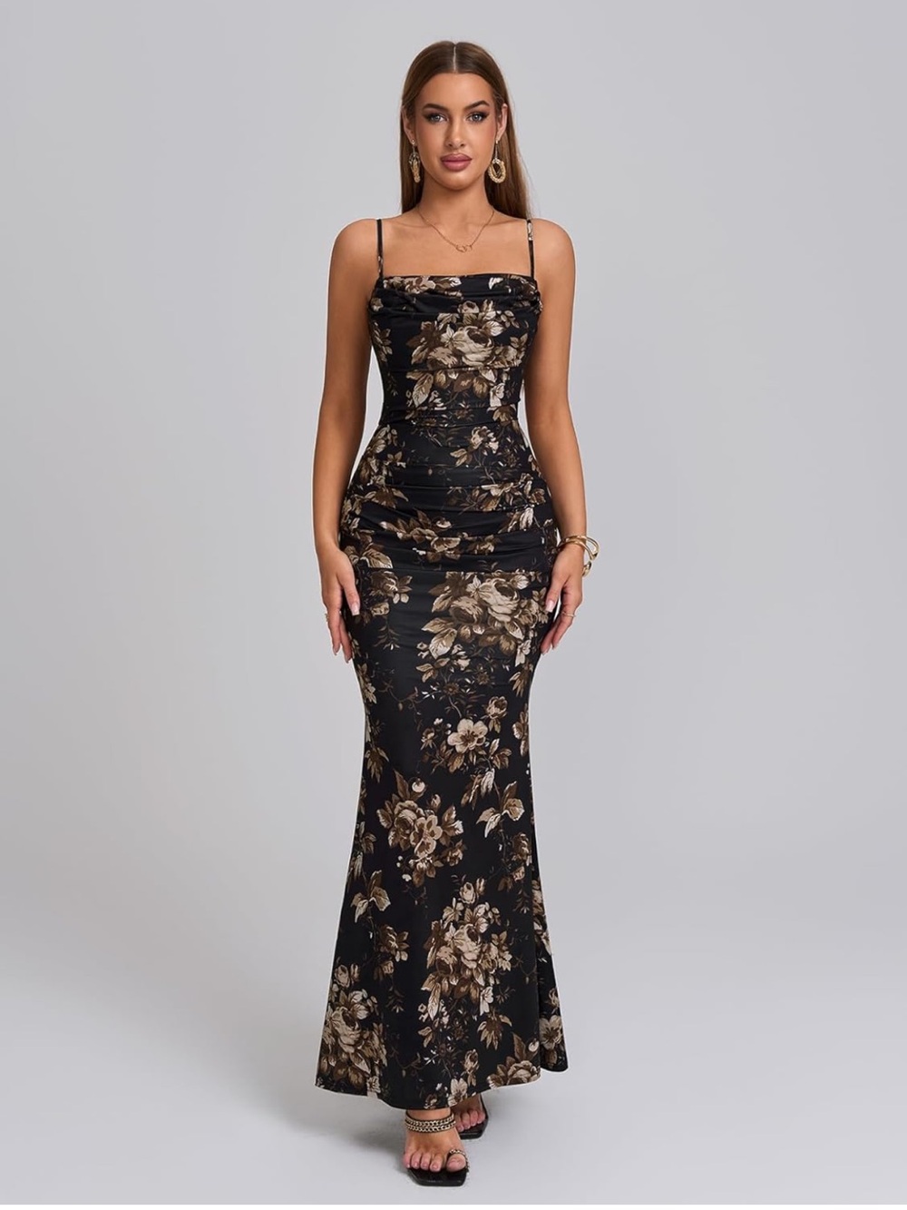 Black & Gold Floral Square-Neck Maxi Dress with Thin Straps